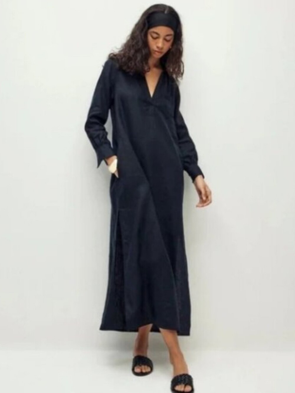 J Crew Bungalow Maxi Popover Dress in Linen Black Large